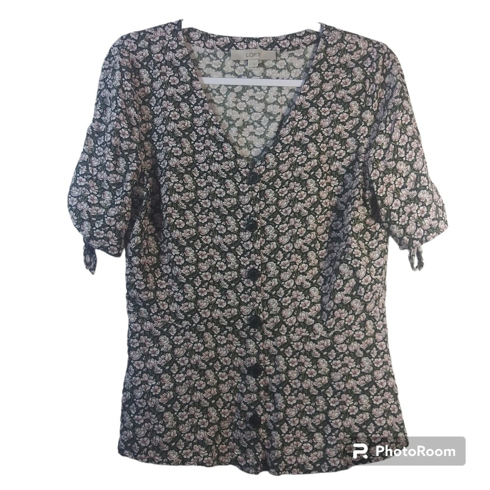 LOFT Black Floral Button-Front Blouse with Pink Flowers